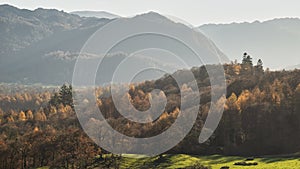Beautiful Autumn Fall landscape image of the view from Catbells in the Lake District with vibrant Fall colors being hit by the
