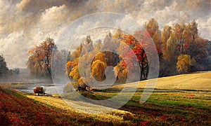 Beautiful autumn field  and forest landscape, digital illustration