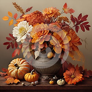 Beautiful autumn floral border background. Autumn bouquet from branches in the flower vase. Trendy dried leaves. Wedding bouquet.