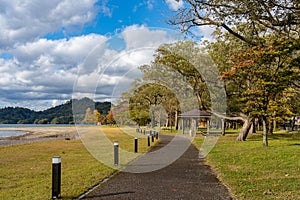 Beautiful autumn foliage scenery landscapes of Lake Towada in sunny day