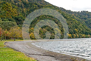 Beautiful autumn foliage scenery landscapes of Lake Towada in sunny day