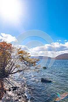 Beautiful autumn foliage scenery landscapes. View from shore of Lake Towada