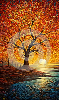 Beautiful autumn foliage tree by the lake at sunset artwork illustration.