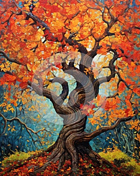 Beautiful autumn foliage tree at sunset artwork illustration.