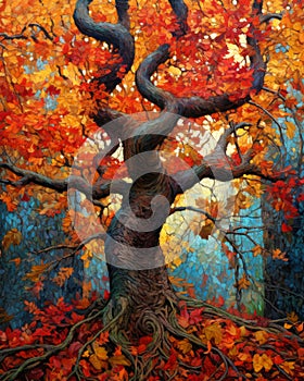 Beautiful autumn foliage tree at sunset artwork illustration.