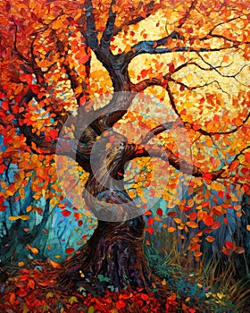 Beautiful autumn foliage tree at sunset artwork illustration.