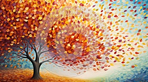 Beautiful autumn foliage tree at sunset artwork illustration.