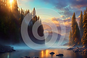 Beautiful autumn forest landscape at golden hour sunset, fog over the water surface, coniferous trees on rocky cliffs