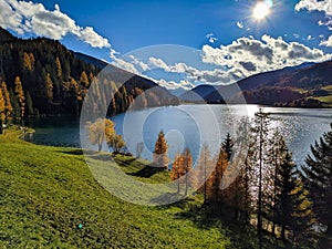 beautiful autumn hike above lake davos. Colored larch forests. Mountain panorama in Davos Klosters Mountains