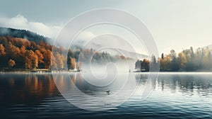 Beautiful Autumn Lake Surrounded By Fog In 8k