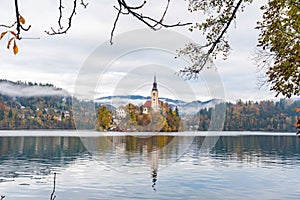 Beautiful autumn landscape around Lake Bled with Pilgrimage Church of the Assumption of Maria