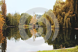 Beautiful autumn landscape with bridge across the river