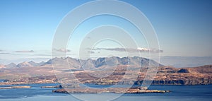 Beautiful autumn landscape on Isle of Skye with Atlantic Ocean, Cuillin Hills, Harlosh Peninsula, Loch Bracadale - view from the