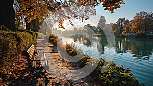 Beautiful autumn landscape with lake and bench in the park at sunset
