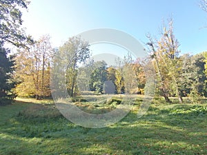 Beautiful autumn landscape with the morning fog