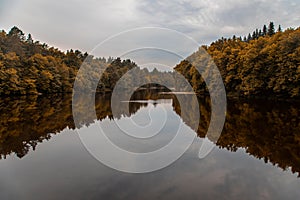 Beautiful autumn landscape. Reflection of the sky and trees in the lake.