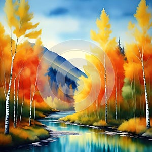 Beautiful autumn landscape. The river flows through the forest