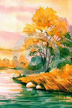 Beautiful autumn landscape with river and mountains, watercolor painting illustration