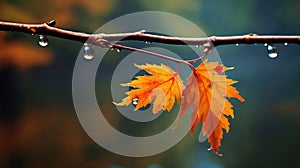 beautiful autumn landscape with yellow leaves with dew on the branches of trees in the forest at sunset, sunlight and