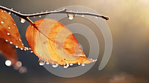 beautiful autumn landscape with yellow leaves with dew on the branches of trees in the forest at sunset, sunlight and