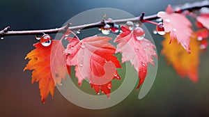 beautiful autumn landscape with yellow leaves with dew on the branches of trees in the forest at sunset, sunlight and