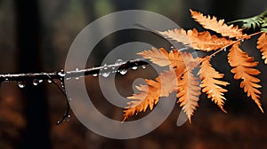 beautiful autumn landscape with yellow leaves with dew on the branches of trees in the forest at sunset, sunlight and