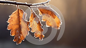 beautiful autumn landscape with yellow leaves with frost on the branches of trees in the forest at sunset, sunlight and