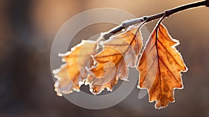 beautiful autumn landscape with yellow leaves with frost on the branches of trees in the forest at sunset, sunlight and