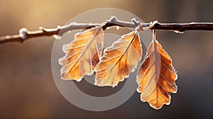 beautiful autumn landscape with yellow leaves with frost on the branches of trees in the forest at sunset, sunlight and