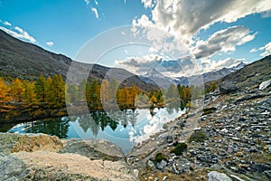 Beautiful autumn landscapes. Amazing sunset on Lake Grindjisee, Swiss Alps, Zermatt resort location, Switzerland, Europe