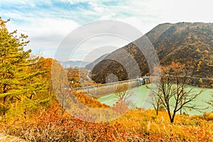 Beautiful autumn leaves of omachi dam in Nagano PrefectureJapan