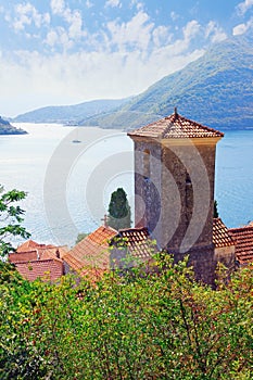 Beautiful autumn Mediterranean landscape. Montenegro. View of Kotor Bay and Verige Strait from Perast Town photo