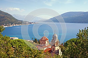 Beautiful autumn Mediterranean landscape. Montenegro . View of Savina Monastery and Bay of Kotor near Herceg Novi city