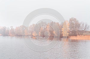 Beautiful autumn misty lake and forest wild landscape. Autumn forest and lake background