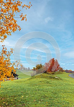 Beautiful autumn misty lake and forest wild landscape. Autumn forest and lake background