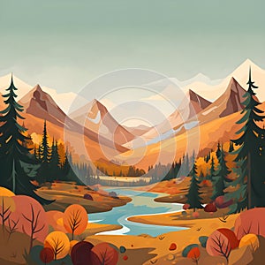 Beautiful autumn mountain landscape vector illustration. Stunning landscape of snowy mountains and autumn forest, mountains, trees