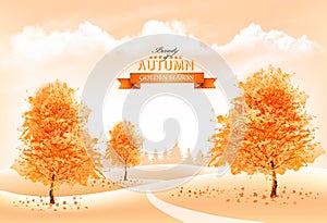 Beautiful autumn nature background with a goldl trees and landscape