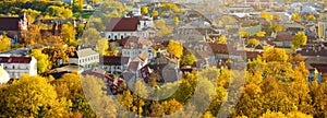 Beautiful autumn panorama of Vilnius old town taken from the Gediminas hill. Nice October day in Lithuania`s capital.