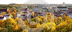 Beautiful autumn panorama of Vilnius old town taken from the Gediminas hill. Nice October day in Lithuania`s capital.