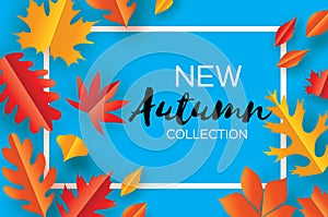 Beautiful Autumn paper cut leaves. Hello Autumn. September flyer template. Rectangle frame. Space for text. Origami