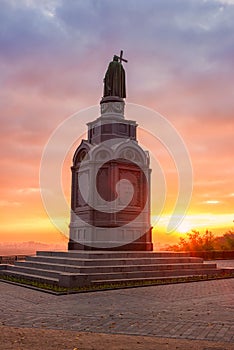 Beautiful autumn park Volodymyrska Hirka or Saint Volodymyr Hill at sunrise, Kyiv Kiev, Ukraine. Scenic view