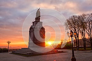 Beautiful autumn park Volodymyrska Hirka or Saint Volodymyr Hill at sunrise, Kyiv Kiev, Ukraine. Scenic view