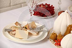 Beautiful autumn place setting and decor for festive dinner on table