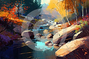 Beautiful Autumn River in Forest