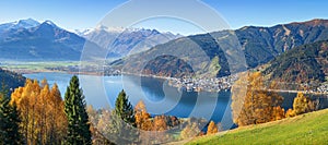 Beautiful autumn scene in the Alps with mountain clear and town of Zell am See