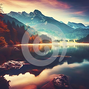 Beautiful autumn scene of Hintersee lake. Colorful morning view of Bavarian Alps on the Austrian border, Germany, Europe