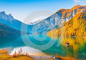 Beautiful autumn scene of Hintersee Lake. Colorful morning view of Bavarian Alps on the Austrian border, Germany, Europe