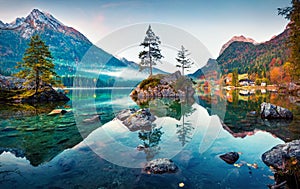 Beautiful autumn scene of Hintersee lake. Colorful morning view of Bavarian Alps on the Austrian border, Germany, Europe. Beauty