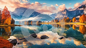 Beautiful autumn scene of lake. Colorful morning view of Bavarian Alps . Beauty of nature concept back