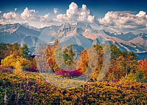 Beautiful autumn scenery. Breathtaking morning scene of Upper Svaneti, Georgia, Europe.